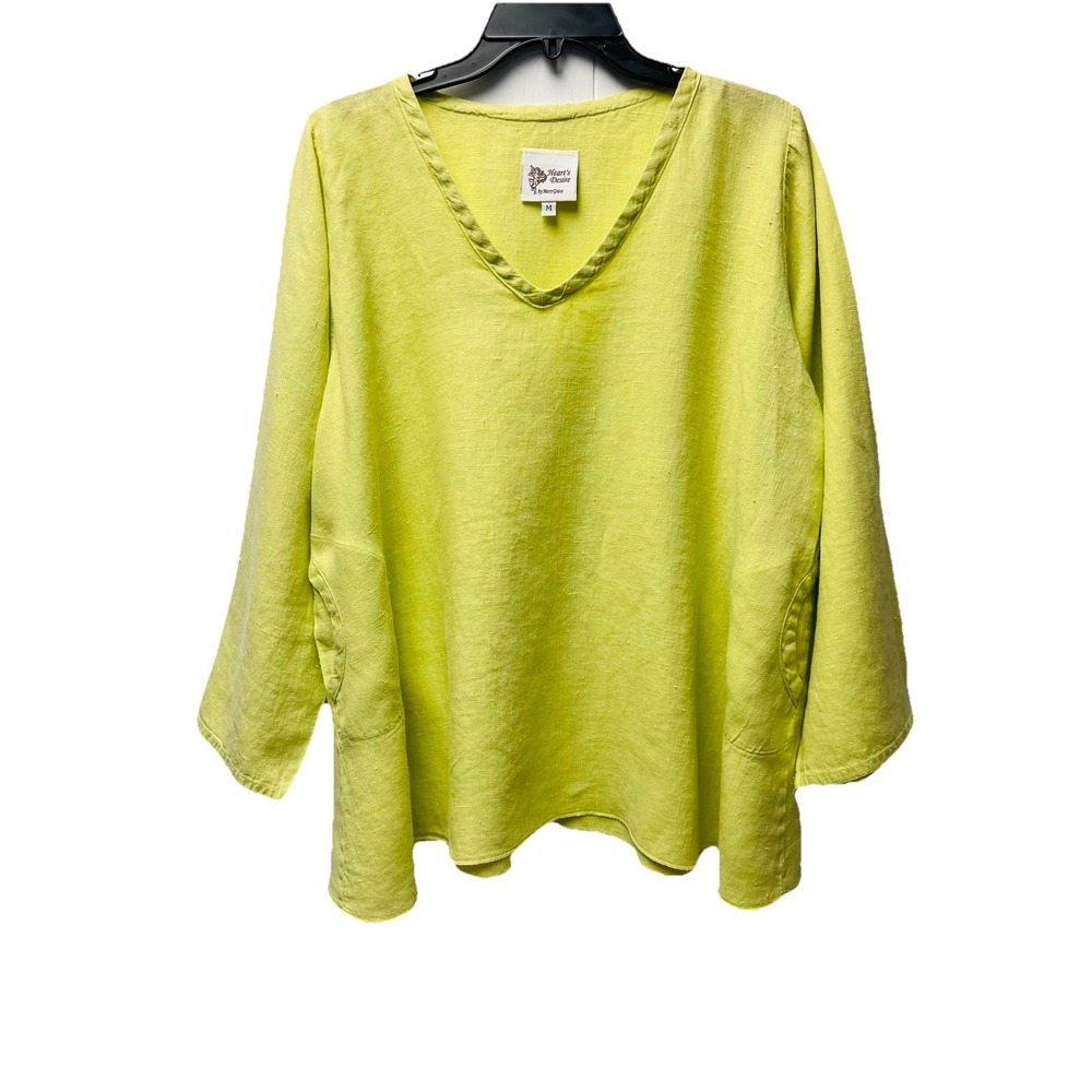 Heart's Desire by Mary Grace M Chartreuse Linen Tunic Blouse Boho Flowy Gypsy